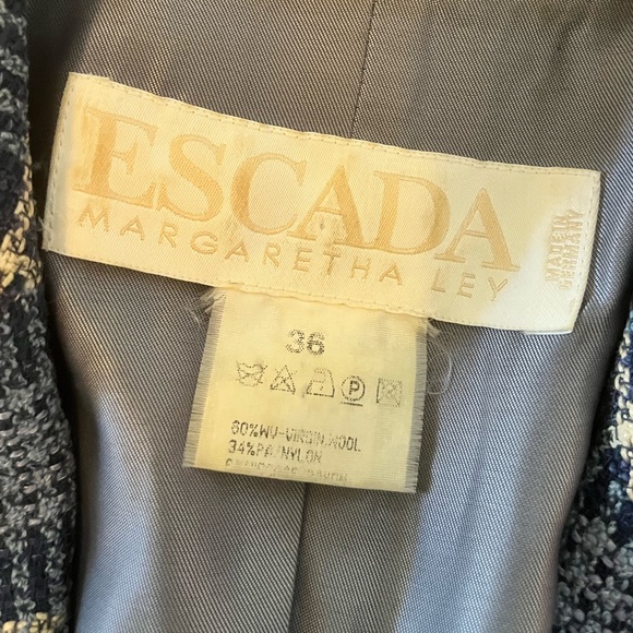 Escada Vintage 1980’s Blue Plaid Blazer Double E Logo Buttons, Size 36 - Picture 7 of 15